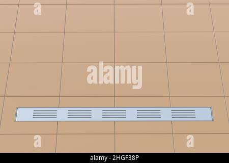 Long drain de douche rectangulaire avec grille en acier inoxydable dans la salle de bains au sol avec carreaux de céramique.3d rendu Banque D'Images