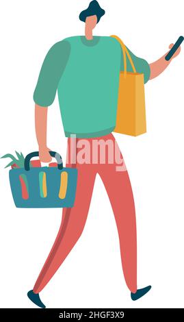 Personne transportant des articles d'épicerie et tenant le téléphone.Consommateur moderne Illustration de Vecteur