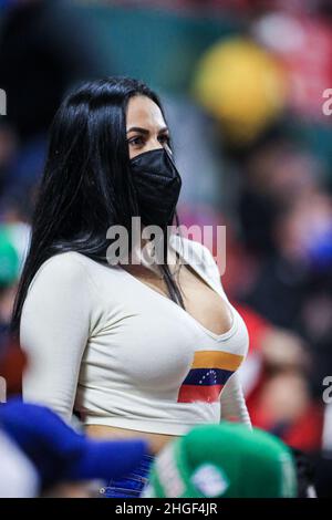 MAZATLAN, MEXIQUE - FÉVRIER 04: Une amateur, femme vénézuélienne fal, beauté, beau portant un masque pour covid 19 au stade Tedoro Mariscal una aficioanda mujer venezonala, belleza ,hermosa usando cubrebocas por covid 19 en el estadio Tedoro Mariscal pendant le match entre le Venezuela et le Mexique dans le cadre de Serie del Caribe 2021 le 4 février 2021 à Mazatlan, Mexique.(photo par Luis Gutierrez/Norte photo) Banque D'Images