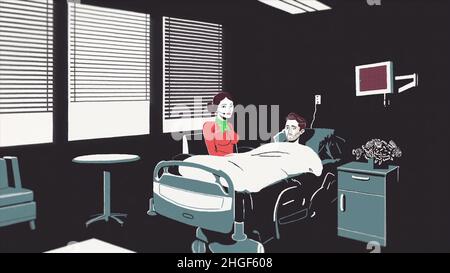 Dessin animé avec un homme mourant allongé sur un lit à l'hôpital et une femme assise à côté.Arrêt du battement de coeur d'un jeune homme sur le moniteur EKG i Banque D'Images