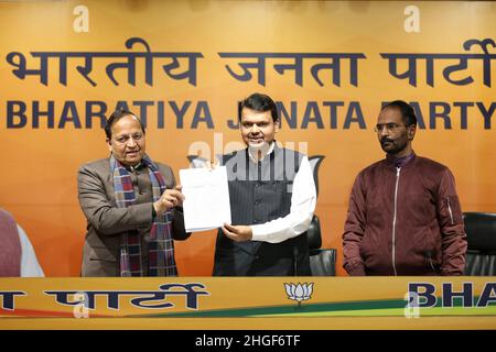 New Delhi, Inde.20th janvier 2022.NEW DELHI, INDE - JANVIER 20 : le dirigeant principal du BJP et ancien Maharashtra cm Devendra Fadnavis annonce les noms des candidats aux prochaines élections du Goa lors d'une conférence de presse au siège du BJP le 20 janvier 2021 à New Delhi, en Inde.(Photo de Sanchit Khanna/Hindustan Times/Sipa USA) crédit: SIPA USA/Alay Live News Banque D'Images