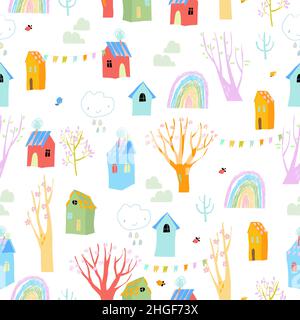 Motif sans couture avec des arbres de fleurs de craon et des maisons colorées Illustration de Vecteur