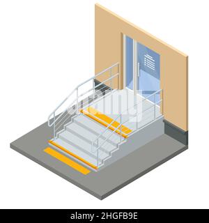 Bloc en braille jaune isométrique et escaliers gris pour les personnes handicapées aveugles.Chaussée tactile jaune pour les personnes malvoyantes sur le trottoir devant le Illustration de Vecteur