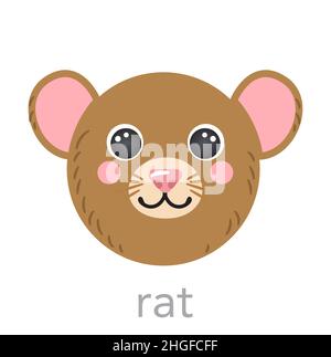 Rat mignon portrait avec le nom texte sourire tête dessin animé souris avatar forme ronde visage animal, isolé vecteur icônes illustrations.Plat simple dessiné à la main pour enfants affiche, cartes, t-shirts, vêtements de bébé Illustration de Vecteur
