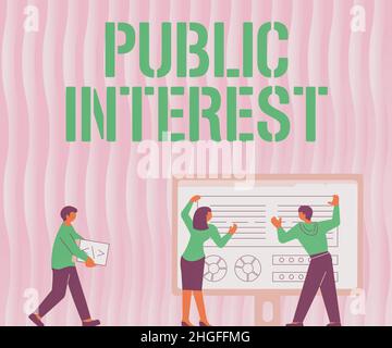 Texte d'écriture intérêt public, mot pour le bien-être ou le bien-être du grand public et des collègues de la société dessin debout à côté du projet de table Banque D'Images