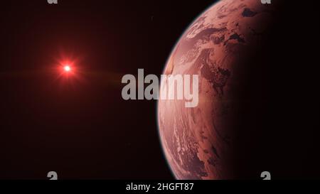 TRAPPIST-1D Alien vivant exoplanet habitable verrouillé orbitant froid Red Dwarf Star dans l'espace avec des Moons Banque D'Images