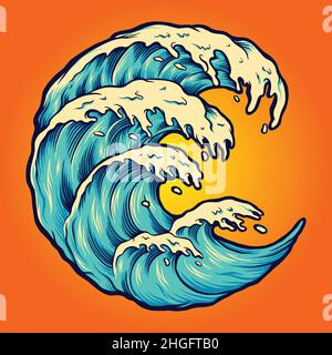 Ocean Wave Beach s'écrasant illustrations vectorielles pour votre travail logo, t-shirt de marchandise de mascotte, autocollants et étiquettes, affiche, cartes de vœux Illustration de Vecteur