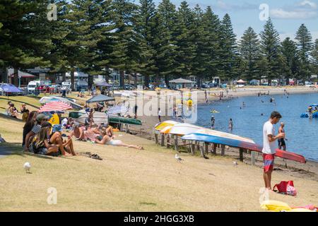 Tauranga Nouvelle-Zélande - janvier 17 2022;les amateurs de plage apprécient la journée d'été sur le front de mer de Pilot Bay Banque D'Images