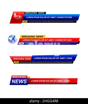 Jeu de modèles Breaking News, collection de titres de programmes TV sur fond blanc.Texte Breaking News sur une étiquette et un badge. Style élégant et moderne, Banque D'Images