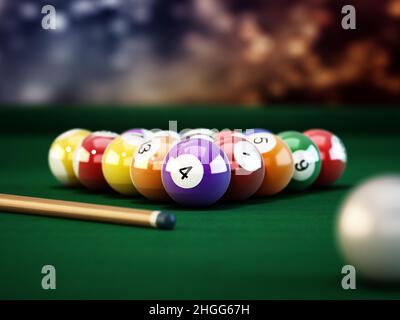 Boules de billard ou de billard et de l'indication sur la toile de table verte.3D illustration. Banque D'Images