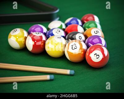 Boules de billard ou de billard et de l'indication sur la toile de table verte.3D illustration. Banque D'Images