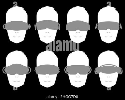 Silhouette blanche d'une tête en lunettes de réalité virtuelle, ensemble d'icônes isolées sur un fond noir.Visage humain dans un casque VR.Réalité virtuelle glasse Illustration de Vecteur