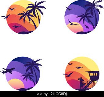 Quatre graphiques vectoriels avec coucher de soleil, oiseaux, sauveteur, palmiers et avion | composition de voyage Illustration de Vecteur