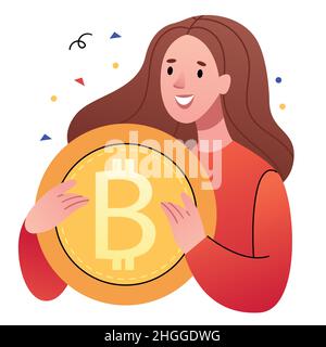 Fille tenant bitcoin.investissement dans le futur.fille d'affaires.concept de finance. Illustration de Vecteur