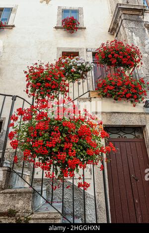 Escalier, avec pots de fleurs de géraniums rouges, d'une ancienne maison dans la ville touristique de Pesostanzo.Pesostanzo, province d'Aquila, Abruzzes Banque D'Images