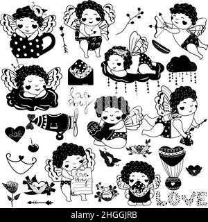 Grand ensemble pour la Saint-Valentin, Happy cupid's, fleurs.Cupid mignon se trouve sur un nuage, tire un arc, tenant une carte postale.Cupidon noir et blanc émaillé.Illustration vectorielle Illustration de Vecteur