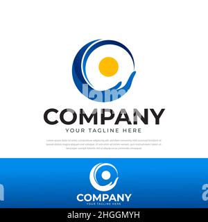 Logo, symbole, icône, modèle de conception de la main jaune soleil et vagues Illustration de Vecteur