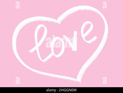 Mot blanc amour est écrit à l'intérieur de coeur dessiné cadre sur fond de couleur rose.Lettres et texte écrits en écriture calligraphique.Lettrage art. ins Banque D'Images