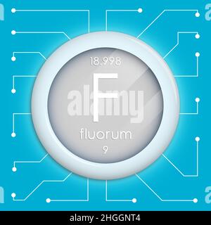 Bouton réaliste avec symbole de fluor.L'élément chimique est le fluor.Vecteur isolé sur fond blanc Illustration de Vecteur