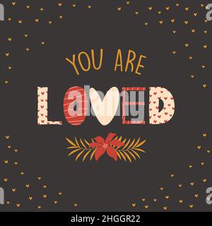 Modèle de concept de carte de vœux de Saint-Valentin à motif plat, avec illustrations et lettrage à la main Illustration de Vecteur