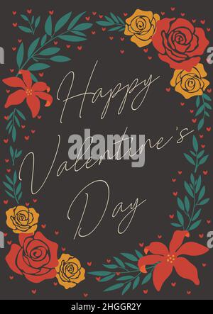 Modèle de concept de carte de vœux de Saint-Valentin à motif plat, avec illustrations et lettrage à la main Illustration de Vecteur