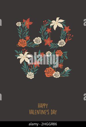 Modèle de concept de carte de vœux de Saint-Valentin à motif plat, avec illustrations et lettrage à la main Illustration de Vecteur