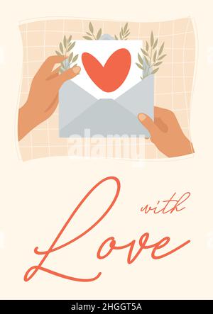 Modèle de concept de carte de vœux de Saint-Valentin à motif plat, avec illustrations et lettrage à la main Illustration de Vecteur