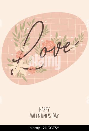 Modèle de concept de carte de vœux de Saint-Valentin à motif plat, avec illustrations et lettrage à la main Illustration de Vecteur