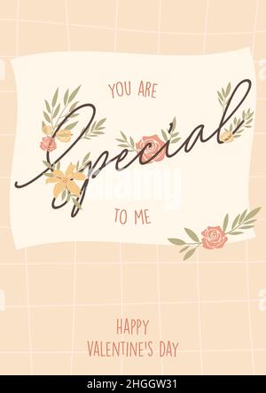 Modèle de concept de carte de vœux de Saint-Valentin à motif plat, avec illustrations et lettrage à la main Illustration de Vecteur