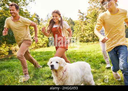 Famille et enfants marchant le chien sur un pré en été dans la nature Banque D'Images