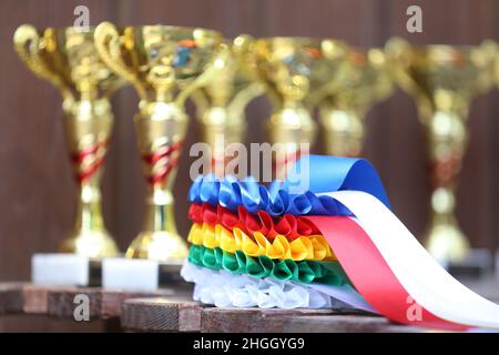Groupe de trophées et insignes de sport équestre rosettes à l'événement équestre dans la rangée.Pile de trophées de sport et de badges rosettes pour les gagnants du spectacle Banque D'Images