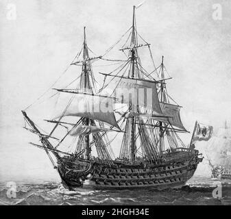 Illustration monochrome du navire espagnol de la ligne, 'son Hermenegildo', un navire à canon 112 lancé à la Havane, Cuba en 1789.Lors de la bataille de la baie d'Algeciras en juillet 1801, le navire a été détruit lorsque le Superb, un navire britannique, a tiré et frappé le San Hermenegildo.Un autre navire espagnol, le vrai Carlos a pris le feu et les deux navires espagnols se sont confondus avec des navires britanniques et ont commencé un duel furieux jusqu'à ce qu'une rafale soudaine de vent ramenait les deux navires ensemble et empêchés leur gréement.L'Hermenegildo a également pris feu et les deux navires ont explosé. Banque D'Images