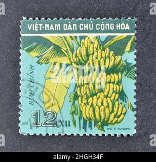 Timbre-poste annulé imprimé par le Vietnam, qui montre des bananes, vers 1959. Banque D'Images