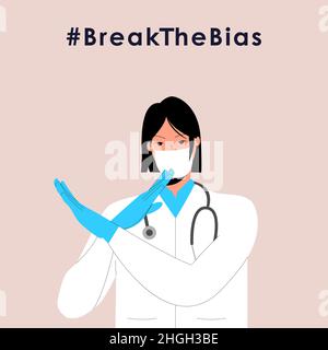 La femme médicale a croisé ses bras.Journée internationale de la femme.8th mars.Campagne Hashtag BreakTheBias.Illustration vectorielle de style plat pour bannière Illustration de Vecteur