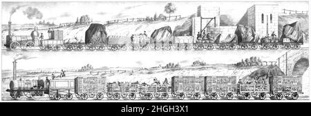 Illustration du Liverpool et du Manchester Railway (L&MR) datant de 19th ans, conçue et construite par George Stephenson.Ouvert en 1830, il a été le premier chemin de fer interurbain au monde; le premier chemin de fer à compter exclusivement sur des locomotives à vapeur; le premier à être suivi double sur toute sa longueur; le premier à avoir un système de signalisation;le premier à être entièrement à l'horaire et le premier à transporter le courrier.Il a été principalement construit pour fournir un transport plus rapide de marchandises et de passagers entre Liverpool et Manchester et, à l'occasion, un cirque complet! Banque D'Images