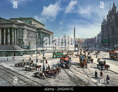 Illustration de Lime Street à la fin du 19th siècle à Liverpool, en Angleterre, nommée en l'honneur des fours à chaux appartenant à William Harvey, un homme d'affaires local.À gauche se trouve le St George's Hall, au centre se trouve la colonne de Wellington, un monument au Duc de Wellington a été construit pour marquer une extrémité de la rue, au coin de la rue William Brown.Le bâtiment de style Renaissance (à droite) était alors le North Western Hotel. Banque D'Images