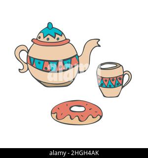 Théière, tasse, beignet doux éléments de couleur caricaturée.Dessin à la main, drôle style de doodle, illustration du temps de thé Vector Illustration de Vecteur