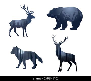Silhouette d'animaux sauvages avec effet double exposition Illustration de Vecteur
