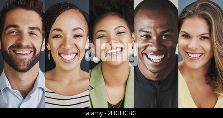 Rien d'autre qu'une série de sourires.Image composite d'un groupe diversifié de personnes souriantes. Banque D'Images