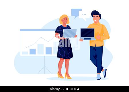 Jeune homme et femme montrant le résultat de l'analyse des données et de la présentation publicitaire sur l'écran d'ordinateur portable.Illustration de caractères de dessin animé plats vectoriels.Busi Illustration de Vecteur