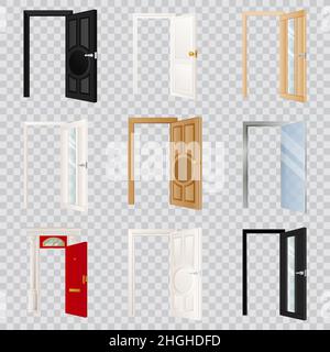 Portes ouvertes, isolées sur fond transparent.Porte classique en bois, blanc, noir et verre.Moderne maison ou chambre entrée et sortie design elemen Illustration de Vecteur