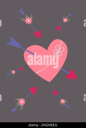 Un grand coeur avec une flèche et des flèches avec des fleurs.Image vectorielle de style boho. Saint-valentin.Une carte de vœux avec une déclaration d'amour. Illustration de Vecteur