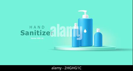 Savon pour les mains désinfectant antiseptique bouteilles de couleur bleue sur podium, modèle de publicité pour assainisseur Illustration de Vecteur