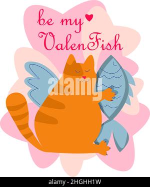 Carte de vœux amusante Saint Valentin avec chat tenant le coeur de poisson et la typographie Illustration de Vecteur