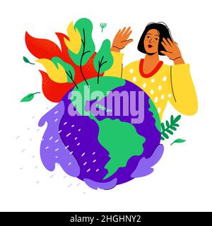 Réchauffement climatique - illustration de style plat coloré avec un caractère tendance.Catastrophe, femme terrifiée.Feu, élévation du niveau de la mer.La planète est dans Illustration de Vecteur