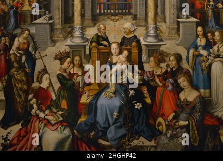 Hans Holbein The Elder (vers 1465-1524).Peintre allemand.Vierge et enfant avec saints, 1519.Peinture composée d'un groupe de saints.De gauche à droite : Agatha, Apollonia, Ursula, Margaret, Barbara,Dorothea, Catherine, Anne, Magdalene et Geneviève.Au centre, la Vierge et l'enfant.Derrière le trône de la Vierge, on peut voir les figures d'Anne et de Saint Joachim.Huile sur le panneau (192 x 137,5 cm).Détails.De Palacio das Neecessidades (Lisbonne).Musée national d'Art ancien Lisbonne, Portugal. Banque D'Images