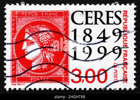 FRANCE - VERS 1999 : un timbre imprimé en France montre Ceres, 150th anniversaire des timbres de poste français, jour du timbre, vers 1999 Banque D'Images