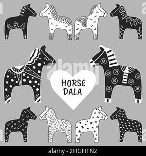 Jeu de tons gris pour les chevaux Dala.Dessin à l'encre tiré à la main de la traditionnelle suédoise Dalarna cheval minimaliste abstrait style scandinave pour cartes, imprimés, dessin textile illustration vectorielle Illustration de Vecteur