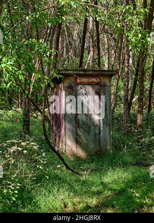 Une ancienne terrasse ou salle de bains extérieure, au milieu des bois.Nommé Corn Shack. Banque D'Images