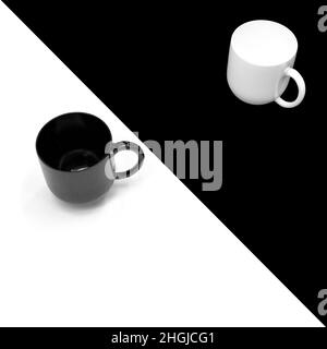 tasses en noir et blanc sur fond bicolore.3d rendu Banque D'Images